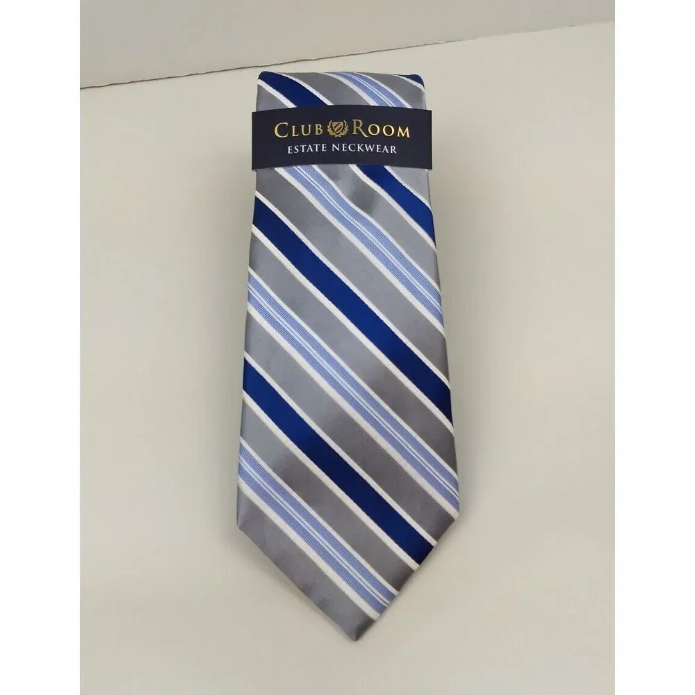CLUB‎ ROOM 100% Silk Tie Estate Neckwear Seven Stripe Blue White Silver NWT
